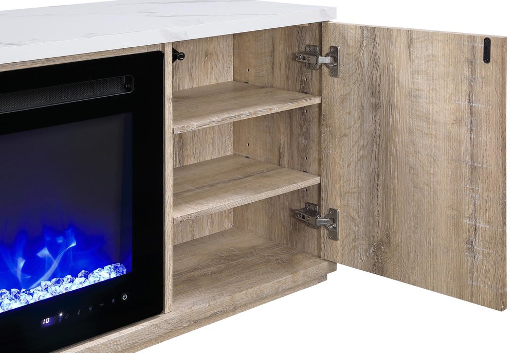 71" Natural Faux Crystals Wood Storage Cabinet Electric Fireplace And Speaker