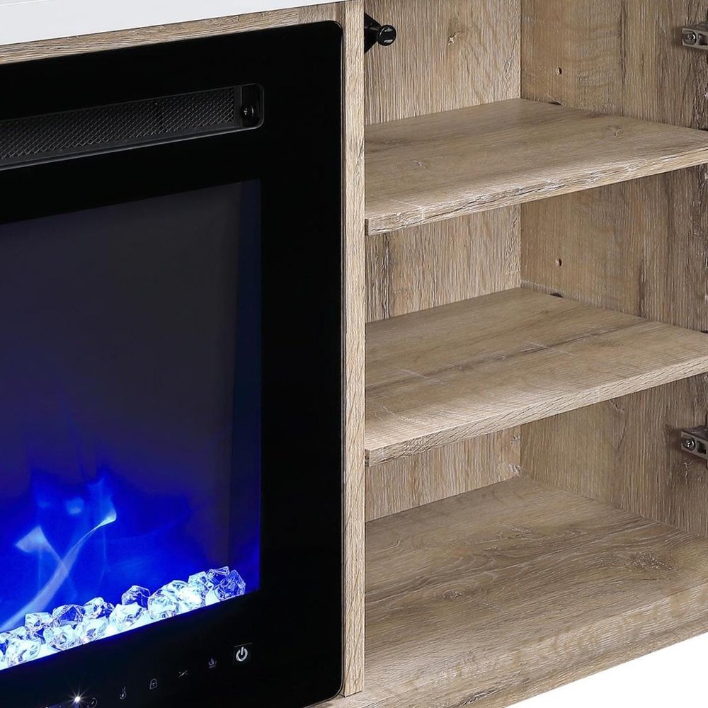71" Natural Faux Crystals Wood Storage Cabinet Electric Fireplace And Speaker HomeRoots