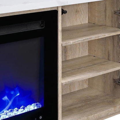 71" Natural Faux Crystals Wood Storage Cabinet Electric Fireplace And Speaker HomeRoots
