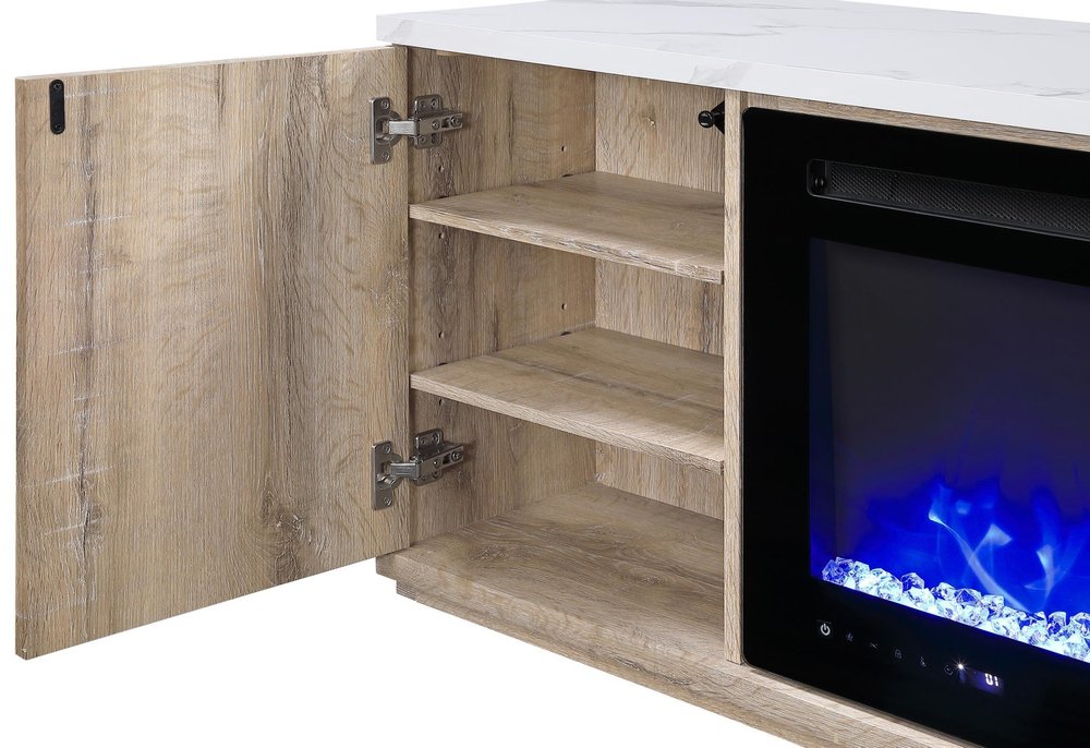 71" Natural Faux Crystals Wood Storage Cabinet Electric Fireplace And Speaker HomeRoots