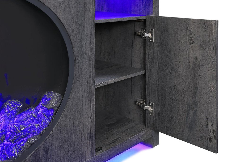 60" Dark Gray Faux Crystals Wood Storage Cabinet Electric Fireplace With LED And Speaker — view 1