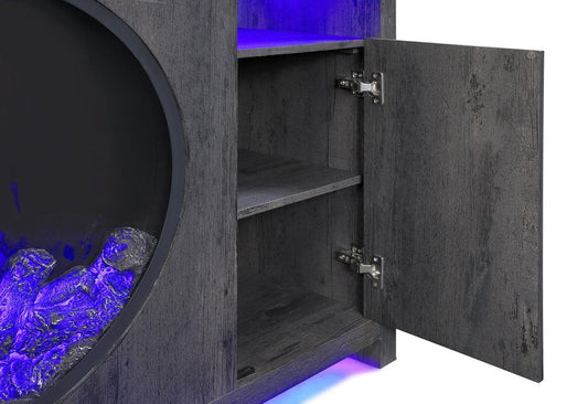 60" Dark Gray Faux Crystals Wood Storage Cabinet Electric Fireplace With LED And Speaker HomeRoots