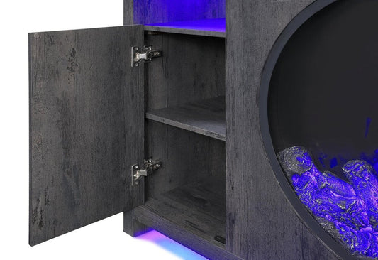 60" Dark Gray Faux Crystals Wood Storage Cabinet Electric Fireplace With LED And Speaker