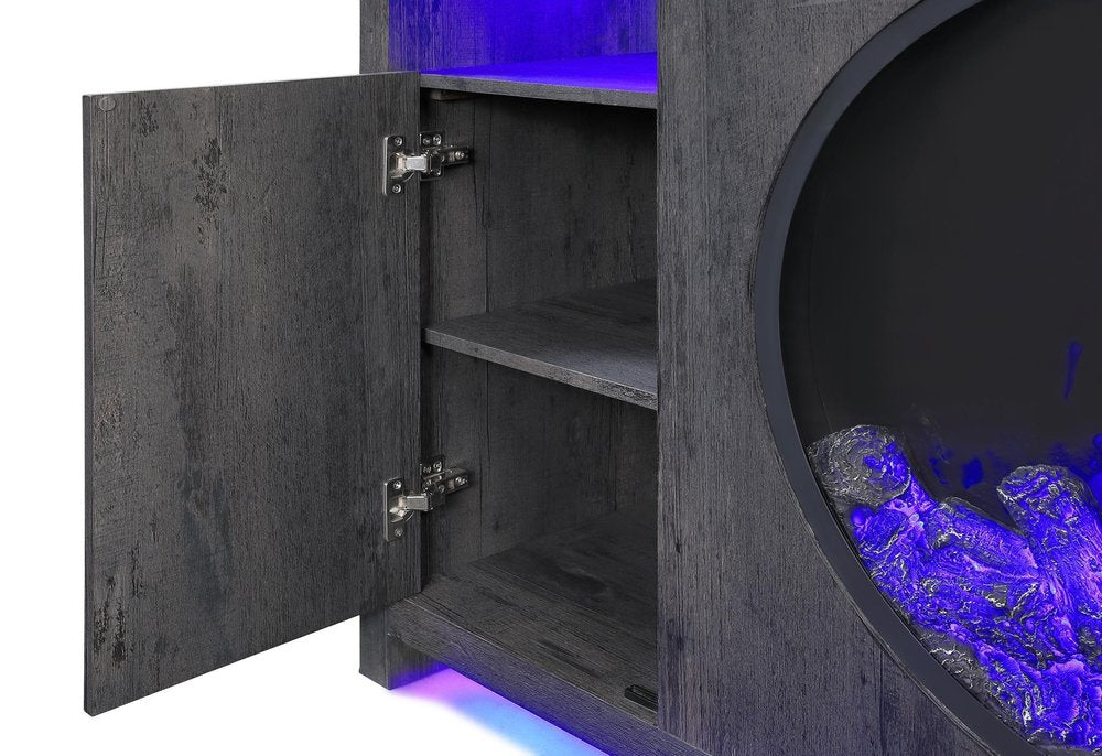 60" Dark Gray Faux Crystals Wood Storage Cabinet Electric Fireplace With LED And Speaker HomeRoots