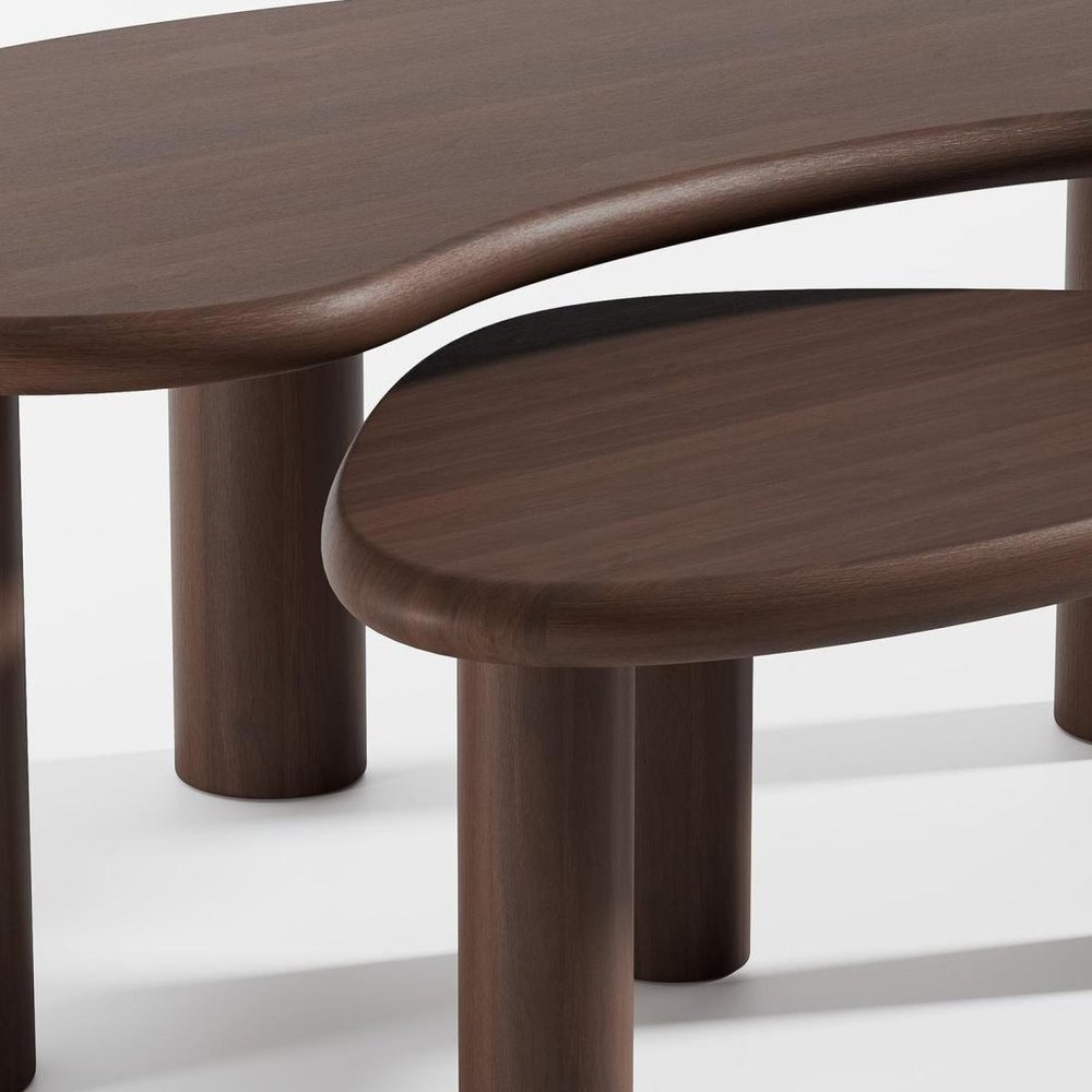 Set Of Two Brown Wood Free Form Abstract Nested Coffee Tables — view 3