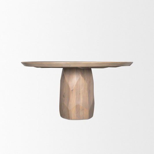 60" Natural And Brown Solid Wood Pedestal Base Round Top Dining Table