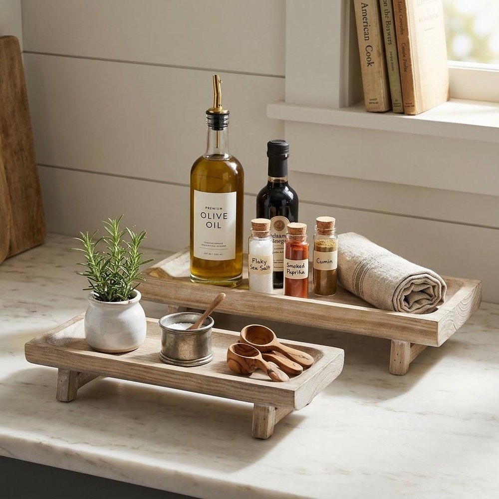 Set of Two White Solid Wood Handmade Riser Trays — view 7
