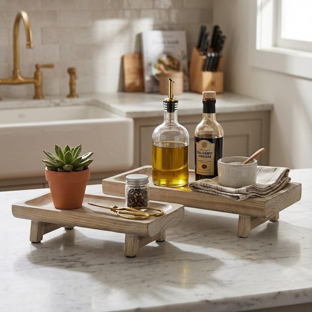 Set of Two White Solid Wood Handmade Riser Trays — view 8