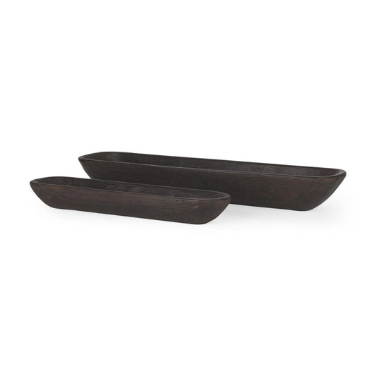 Set of Two Dark Brown Reclaimed Wood Handmade Oval Vanity Tray