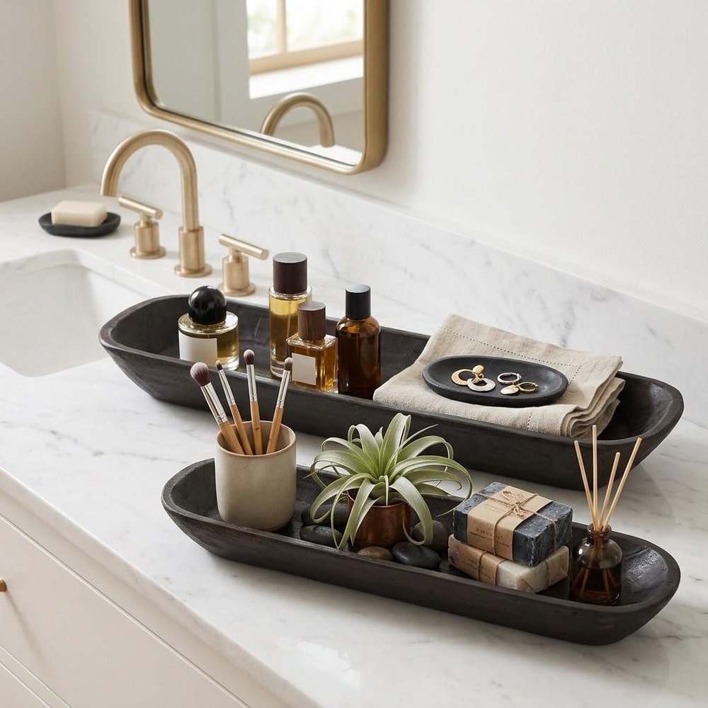 Set of Two Dark Brown Reclaimed Wood Handmade Oval Vanity Tray — view 7