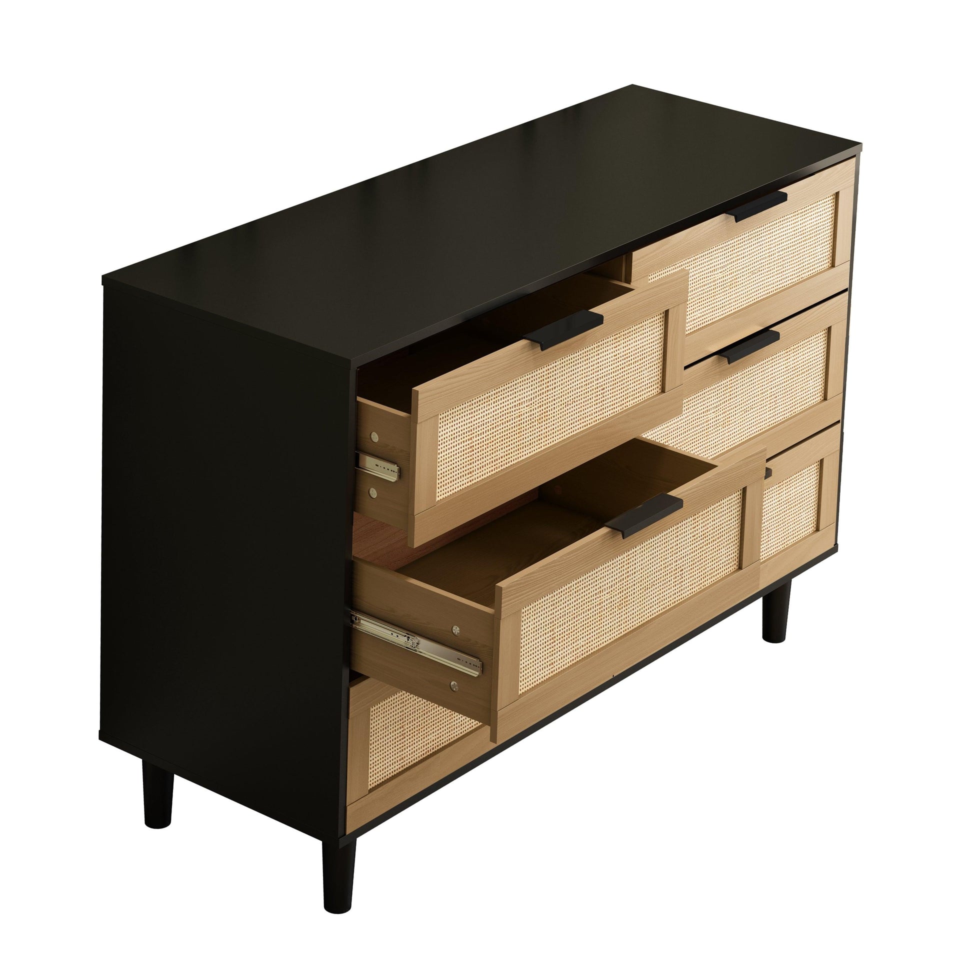 6 drawers Rattan dresser Rattan Drawer Bedroom Living Room (Black) - FurniFindUSA