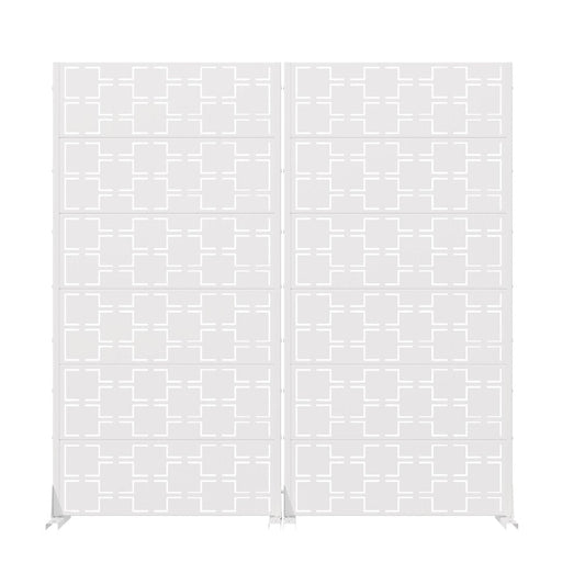 Set Of Two White Abstract Geometric Steel Two Panel Outdoor Privacy Screen