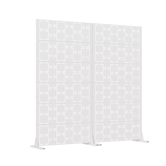 Set Of Two White Abstract Geometric Steel Two Panel Outdoor Privacy Screen