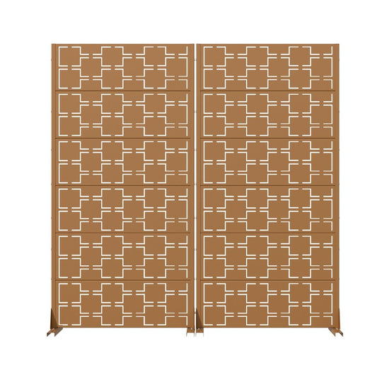 Set Of Two Brown Abstract Geometric Steel Two Panel Outdoor Privacy Screen