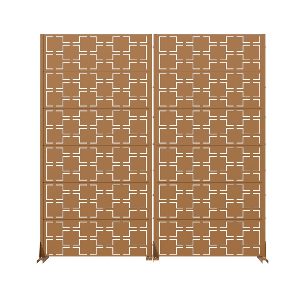 Set Of Two Brown Abstract Geometric Steel Two Panel Outdoor Privacy Screen — view 1