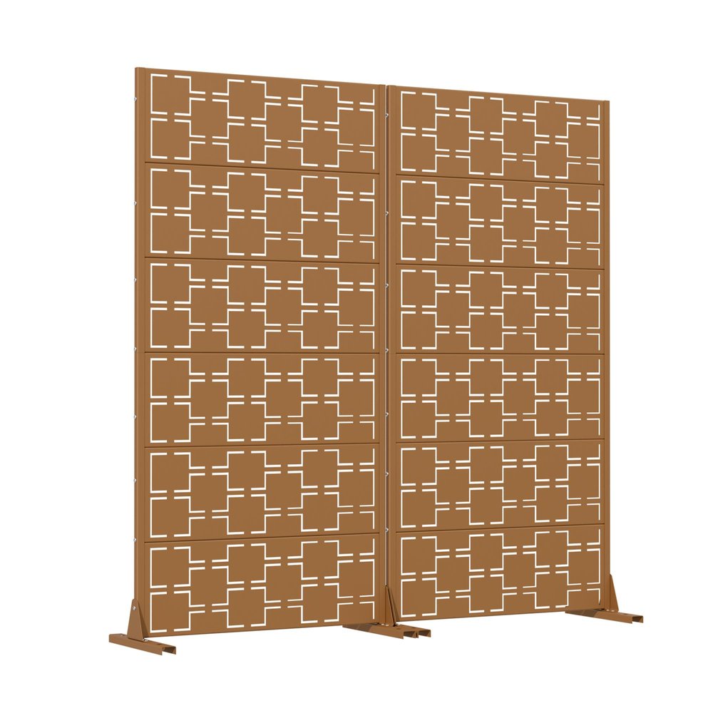 Set Of Two Brown Abstract Geometric Steel Two Panel Outdoor Privacy Screen — view 2