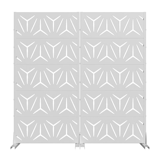 Set Of Two White Abstract Geometric Steel Two Panel Outdoor Privacy Screen
