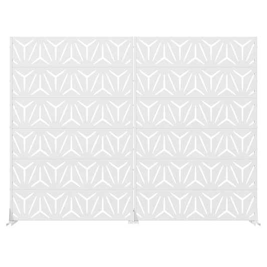 Set Of Two White Abstract Geometric Steel Two Panel Outdoor Privacy Screen