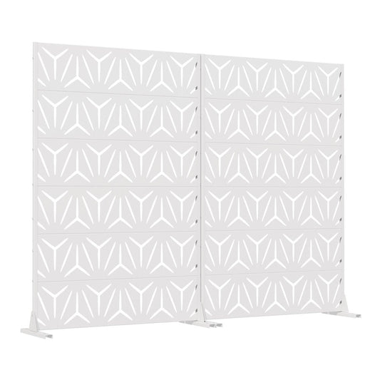 Set Of Two White Abstract Geometric Steel Two Panel Outdoor Privacy Screen
