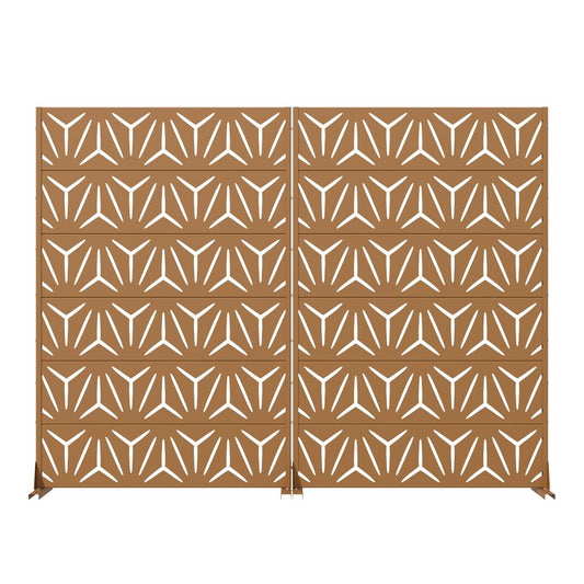 Set Of Two Brown Abstract Geometric Steel Two Panel Outdoor Privacy Screen