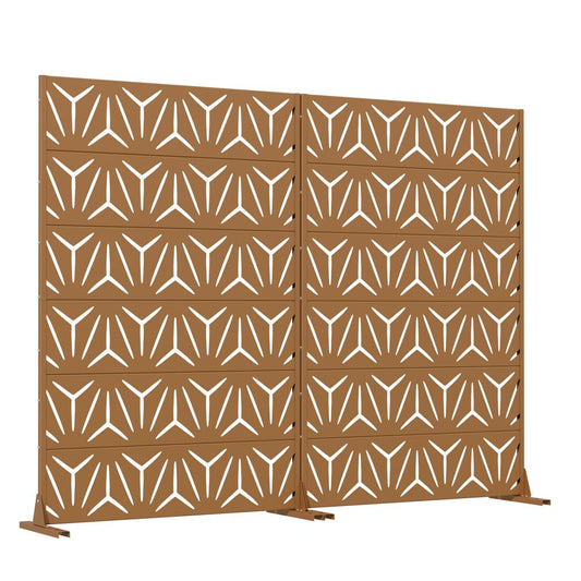 Set Of Two Brown Abstract Geometric Steel Two Panel Outdoor Privacy Screen