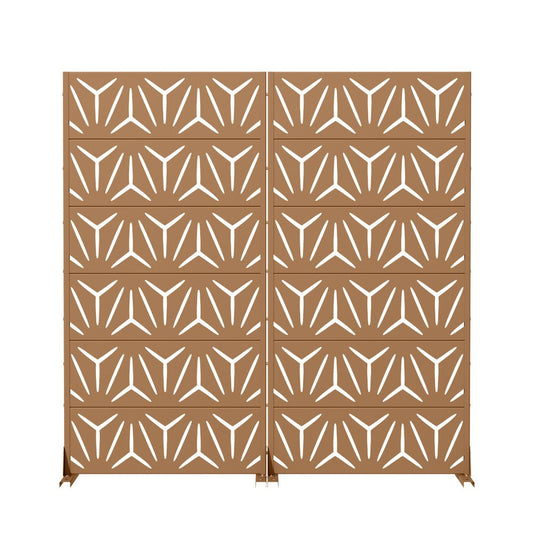 Set Of Two Brown Abstract Geometric Steel Two Panel Outdoor Privacy Screen