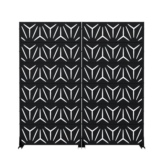 Set Of Two Black Abstract Geometric Steel Two Panel Outdoor Privacy Screen