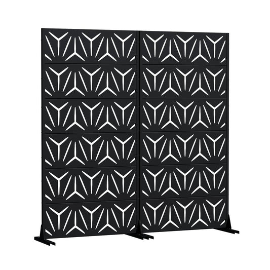 Set Of Two Black Abstract Geometric Steel Two Panel Outdoor Privacy Screen
