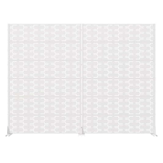 Set Of Two White Abstract Geometric Steel Two Panel Outdoor Privacy Screen