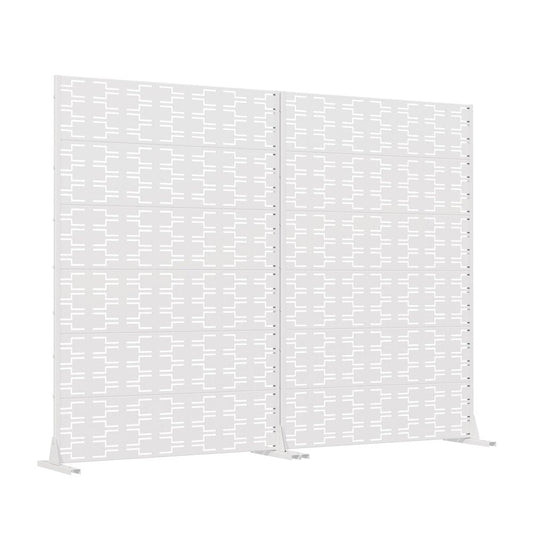 Set Of Two White Abstract Geometric Steel Two Panel Outdoor Privacy Screen