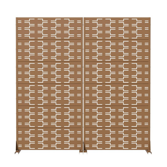 Set Of Two Brown Abstract Geometric Steel Two Panel Outdoor Privacy Screen