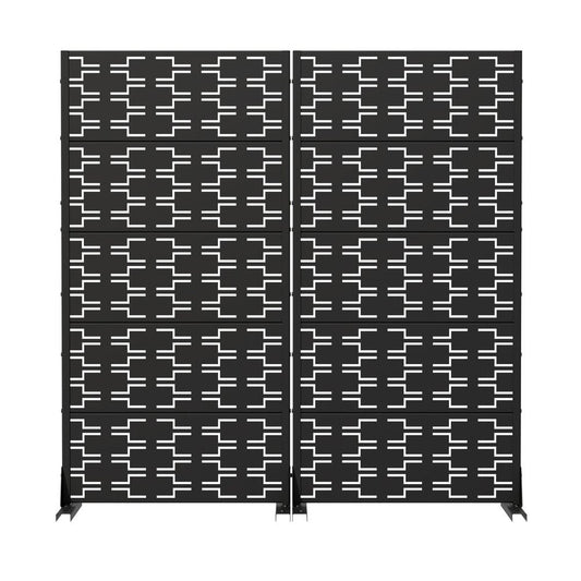 Set Of Two Black Abstract Geometric Steel Two Panel Outdoor Privacy Screen