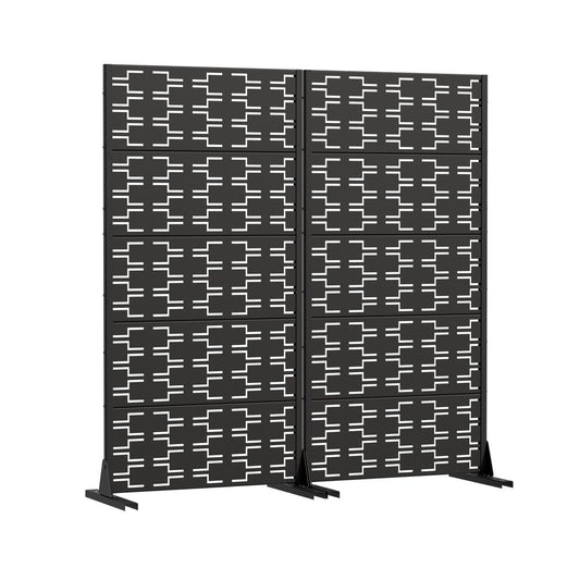 Set Of Two Black Abstract Geometric Steel Two Panel Outdoor Privacy Screen