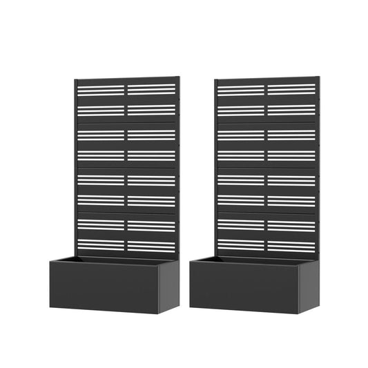 Set Of Two Black Abstract Geometric Metal Four Panel Outdoor Privacy Screen