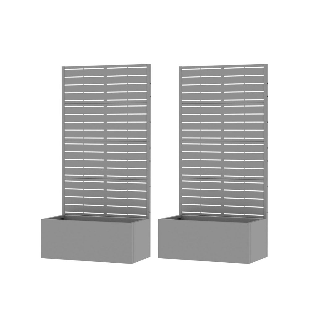 Set Of Two Gray Striped Steel Eight Panel Outdoor Privacy Screen