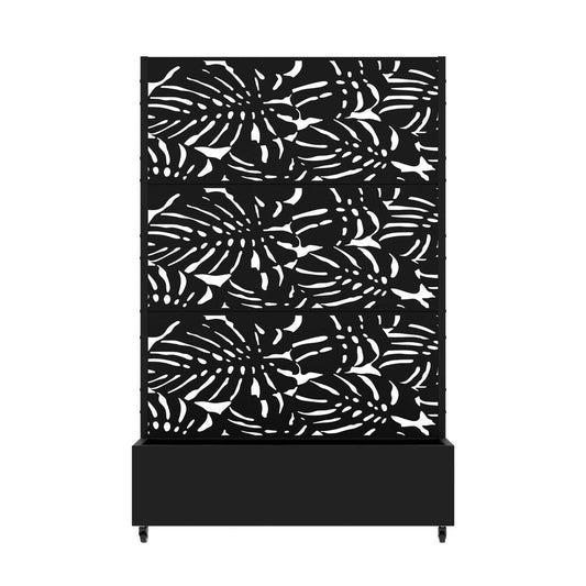 72" Black Tropical Botanical Steel Three Panel Outdoor Privacy Screen