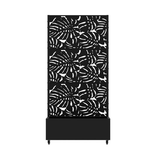 72" Black Tropical Botanical Steel Three Panel Outdoor Privacy Screen
