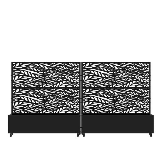 Set Of Two Black Botanical Leaves Steel Four Panel Outdoor Privacy Screen