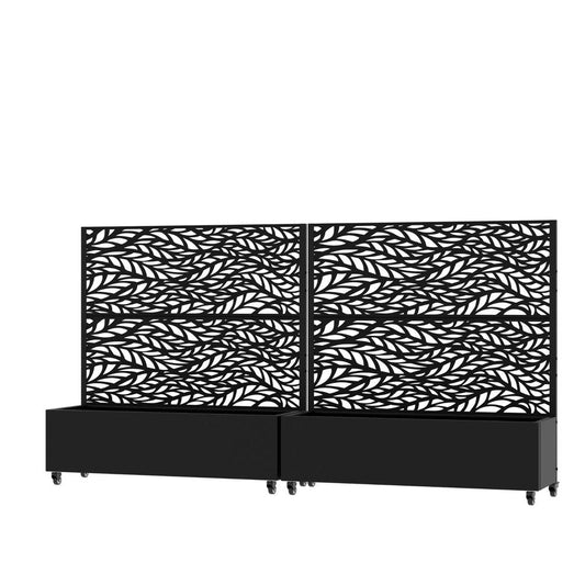 Set Of Two Black Botanical Leaves Steel Four Panel Outdoor Privacy Screen