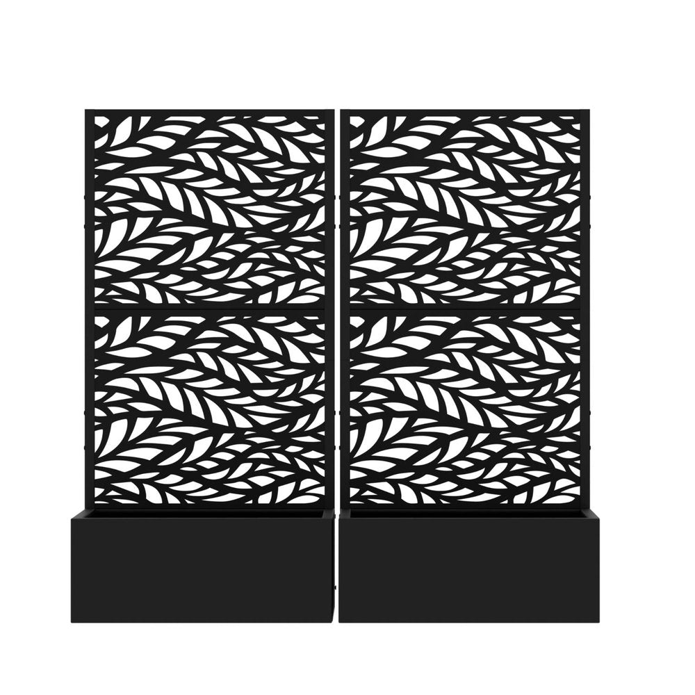 Set Of Two Black Botanical Leaves Steel Four Panel Outdoor Privacy Screen — view 1