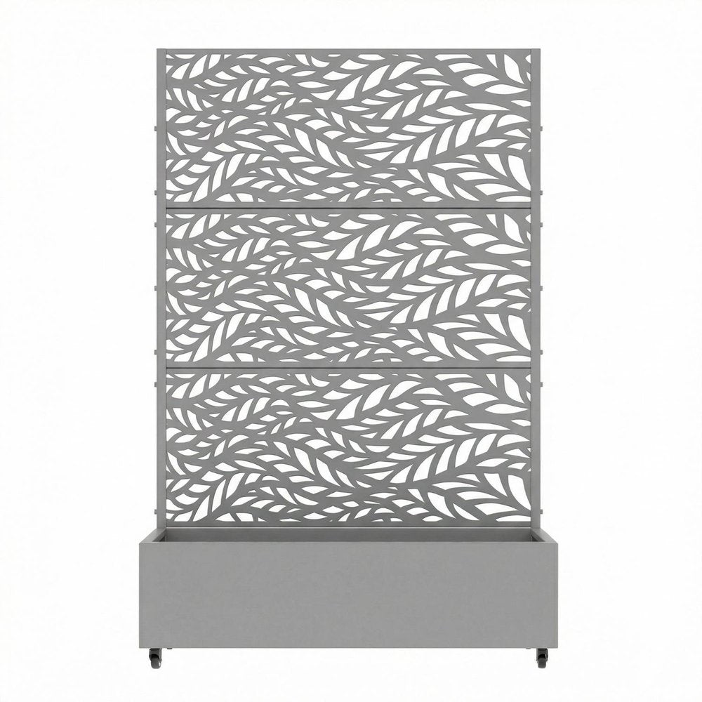 72" Gray Botanical Leaves Steel Three Panel Outdoor Privacy Screen — view 1