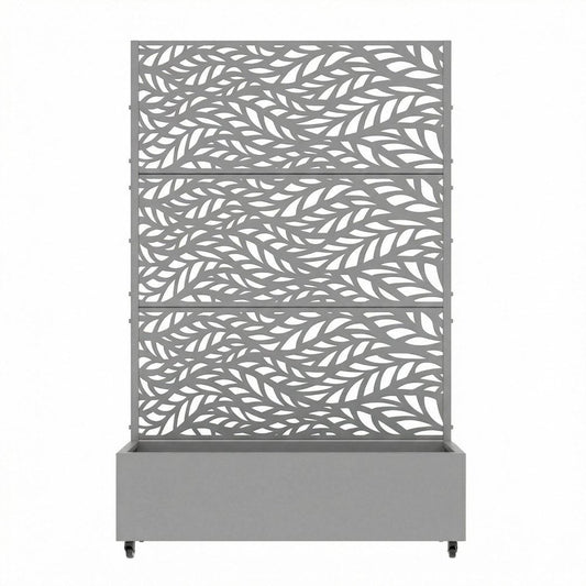 72" Gray Botanical Leaves Steel Three Panel Outdoor Privacy Screen