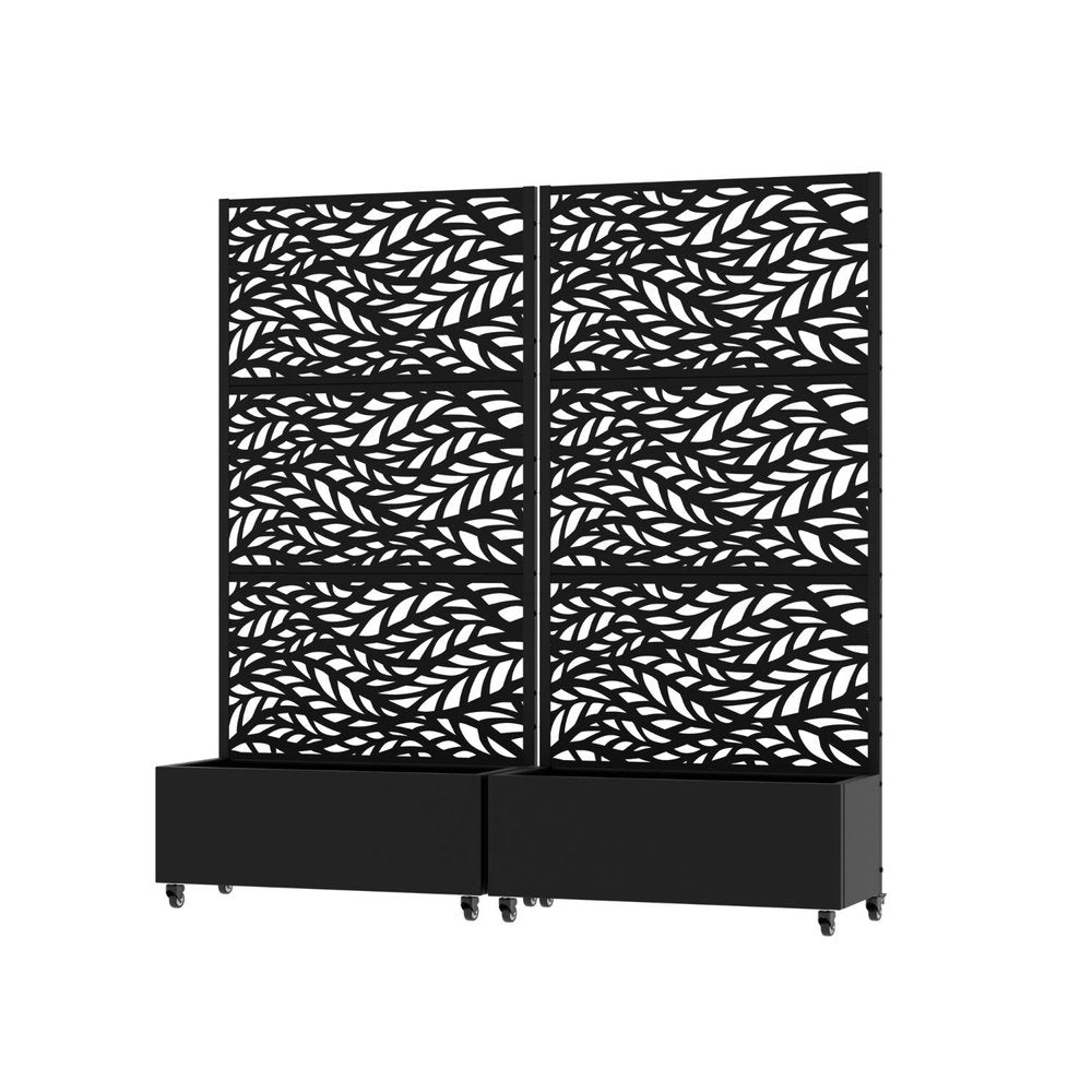 Set Of Two Black Botanical Leaves Steel Six Panel Outdoor Privacy Screen — view 2