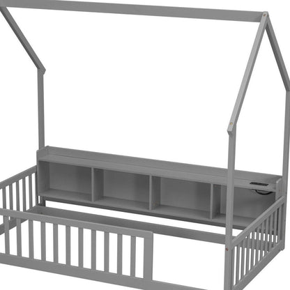 Natural Solid Wood Lighted Full House Bed With USB HomeRoots