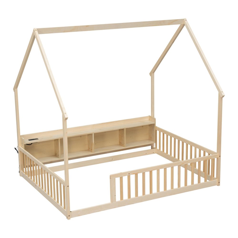 Natural Solid Wood Lighted Full House Bed With USB HomeRoots