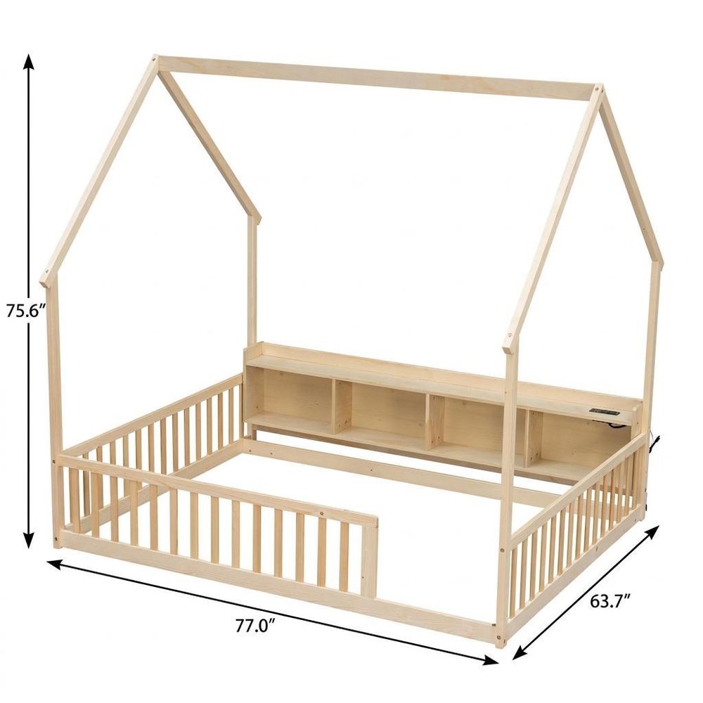 Natural Solid Wood Lighted Full House Bed With USB HomeRoots