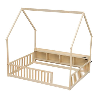 Natural Solid Wood Lighted Full House Bed With USB HomeRoots
