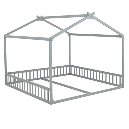 Gray Solid Wood Twin House Bed