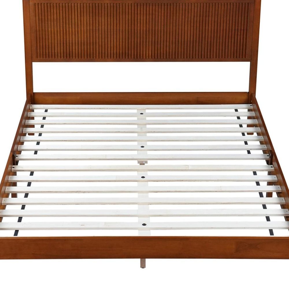 Walnut Ribbed Texture Solid Wood Queen Bed Frame — view 2