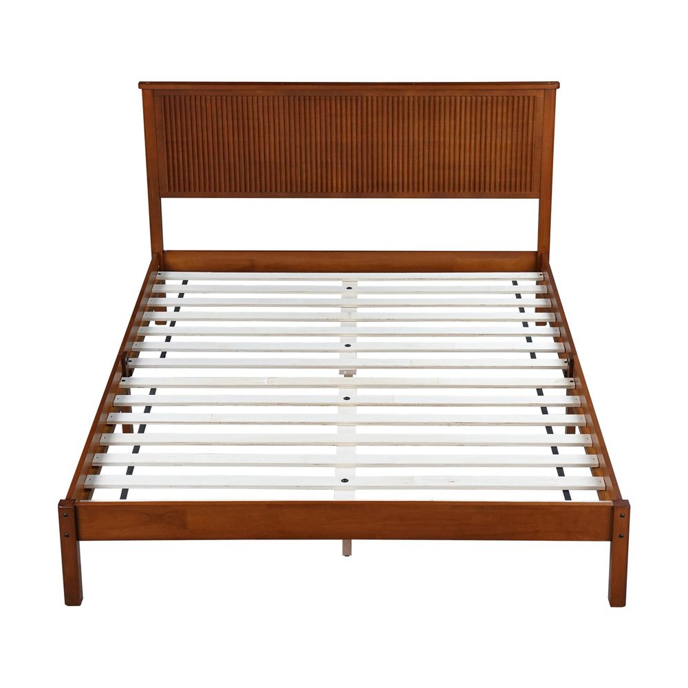 Walnut Ribbed Texture Solid Wood Queen Bed Frame